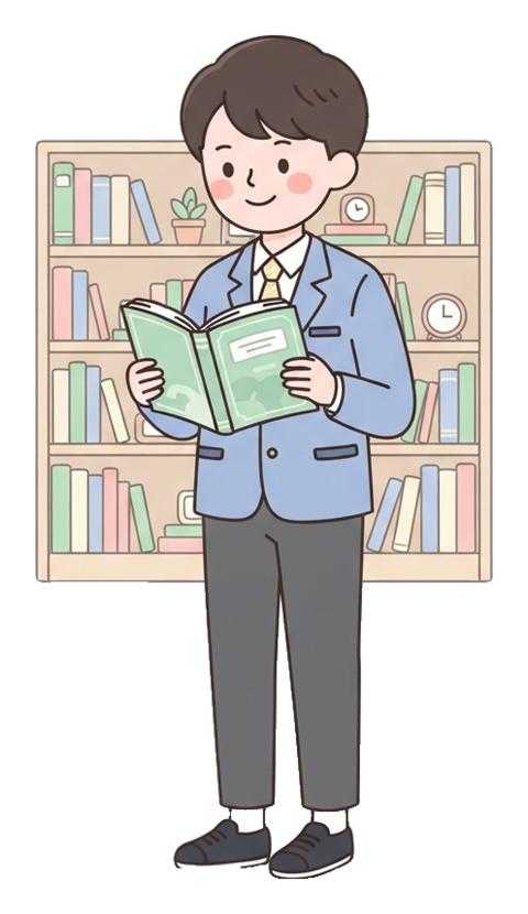 Simple cute flat cartoon illustration with soft pastel colors and thin clean dark outlines of a high school boy, student reading a book in front of a bookshelf, transparent background PNG