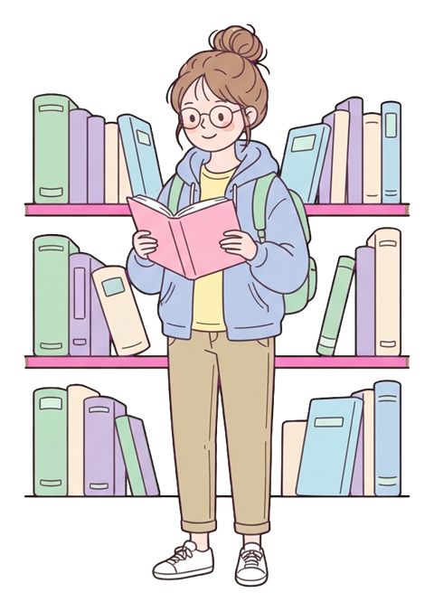Simple cute flat cartoon illustration with soft pastel colors and thin clean dark outlines of a university student woman, student reading a book in front of a bookshelf, transparent background PNG