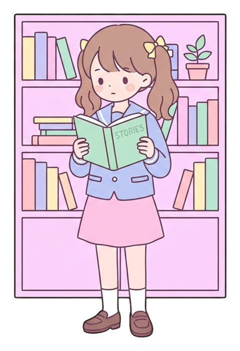 Simple cute flat cartoon illustration with soft pastel colors and thin clean dark outlines of a high school girl, student reading a book in front of a bookshelf, transparent background PNG