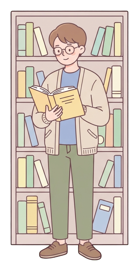 Simple cute flat cartoon illustration with soft pastel colors and thin clean dark outlines of a university student man, student reading a book in front of a bookshelf, transparent background PNG