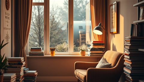 Photorealistic photo of A cozy corner by a window with a comfortable armchair, stacked books, and warm ambient light, wide shot with open space at the top for text, warm golden light, calm mood, 16:9 aspect ratio