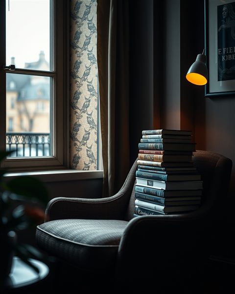 Photorealistic photo of A cozy corner by a window with a comfortable armchair, stacked books, and warm ambient light, close-up detail with shallow depth of field, moody dark tones, dramatic lighting, 4:5 aspect ratio