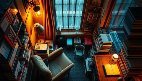 Cinematic film still of A cozy corner by a window with a comfortable armchair, stacked books, and warm ambient light, high-angle view from above, vivid colors, high contrast, energetic, 16:9 aspect ratio