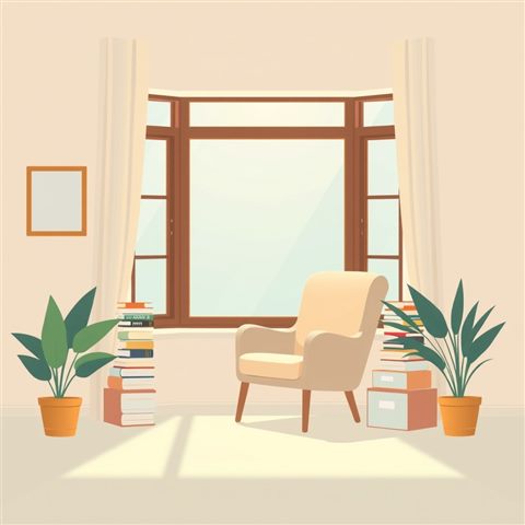 Minimal flat illustration of A cozy corner by a window with a comfortable armchair, stacked books, and warm ambient light, centered subject with a simple uncluttered composition, soft pastel colors, bright and cozy, 1:1 aspect ratio