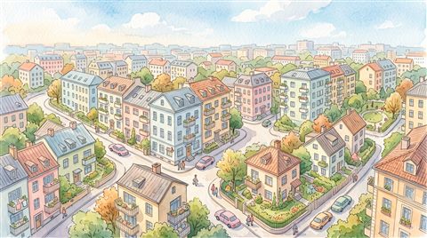 도시 아파트와 주택, 수채화 일러스트, 위에서 내려다본 구도, 부드러운 파스텔 색감, 밝고 포근한 분위기, 16:9 비율