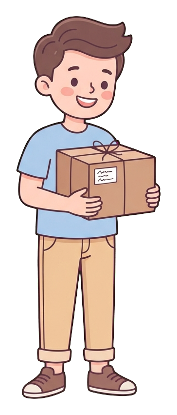Simple cute flat cartoon illustration with soft pastel colors and thin clean dark outlines of a young man, person happily receiving a parcel box, transparent background PNG