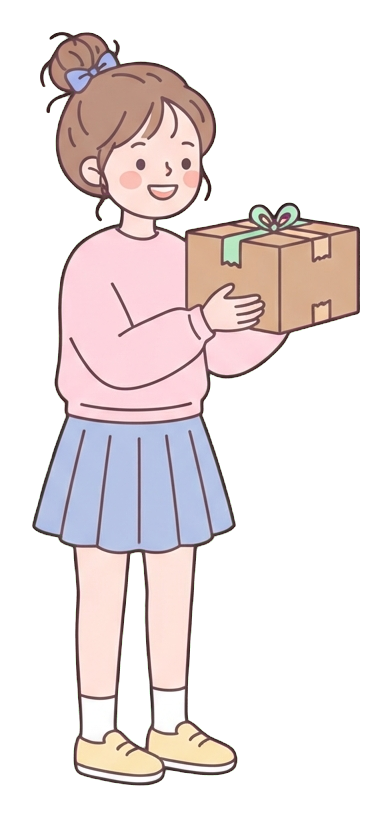 Simple cute flat cartoon illustration with soft pastel colors and thin clean dark outlines of a young woman, person happily receiving a parcel box, transparent background PNG