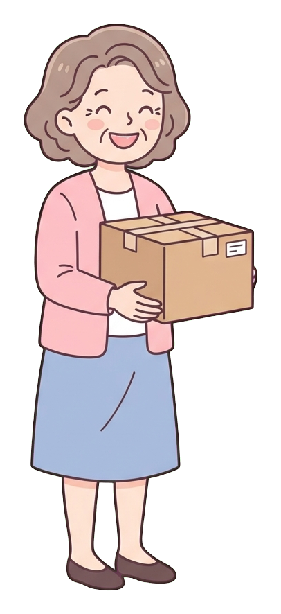 Simple cute flat cartoon illustration with soft pastel colors and thin clean dark outlines of a middle-aged woman, person happily receiving a parcel box, transparent background PNG