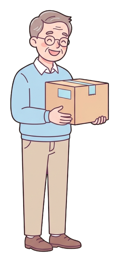Simple cute flat cartoon illustration with soft pastel colors and thin clean dark outlines of a middle-aged man, person happily receiving a parcel box, transparent background PNG