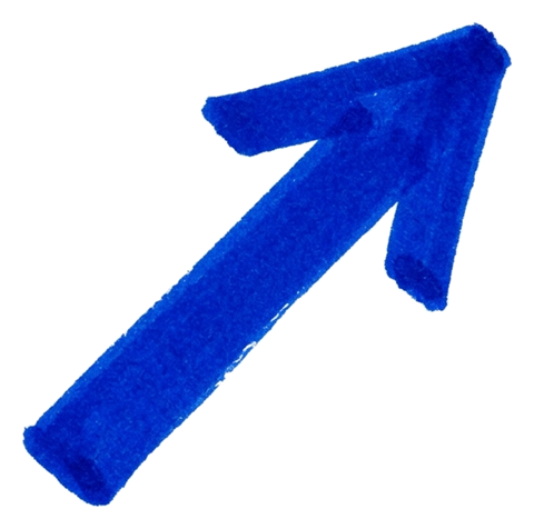 오른쪽 위를 가리키는 파란 화살표, 손으로 그린 마커 느낌, 투명 배경(누끼) PNG