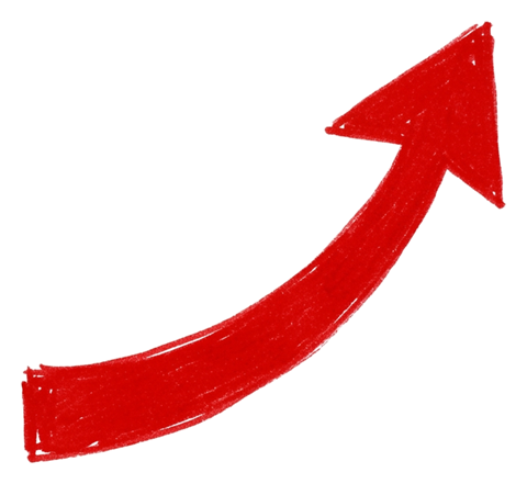 Curved hand-drawn sketch style of a red arrow pointing diagonally up to the right, transparent background PNG