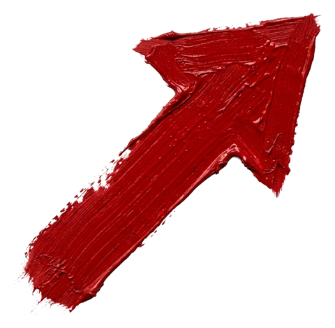 Thick paint brush stroke of a red arrow pointing diagonally up to the right, transparent background PNG