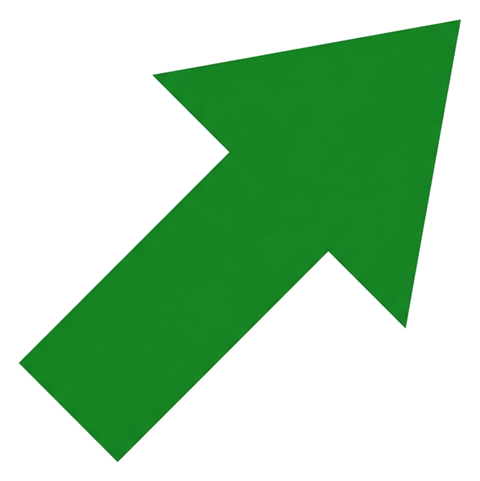 오른쪽 위를 가리키는 초록 화살표, 선명한 플랫 벡터, 투명 배경(누끼) PNG