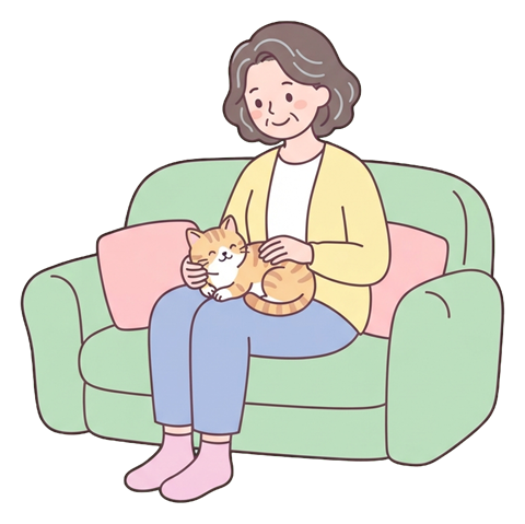 Simple cute flat cartoon illustration with soft pastel colors and thin clean dark outlines of a middle-aged woman, person relaxing on a sofa with a cat on the lap, transparent background PNG