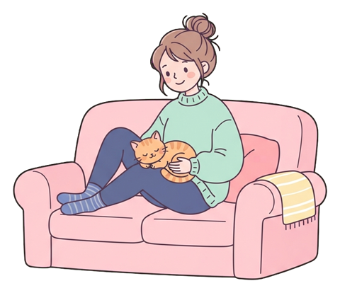 Simple cute flat cartoon illustration with soft pastel colors and thin clean dark outlines of a young woman, person relaxing on a sofa with a cat on the lap, transparent background PNG