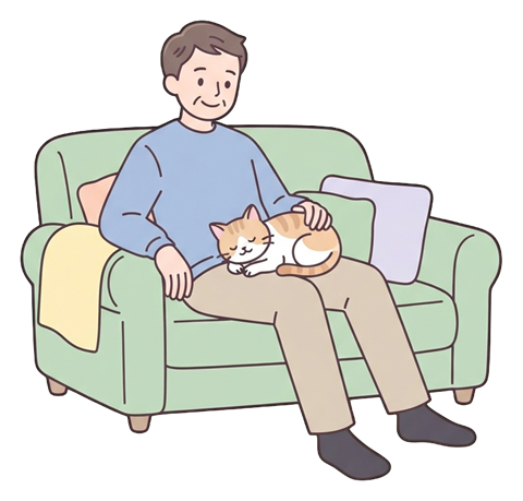 Simple cute flat cartoon illustration with soft pastel colors and thin clean dark outlines of a middle-aged man, person relaxing on a sofa with a cat on the lap, transparent background PNG