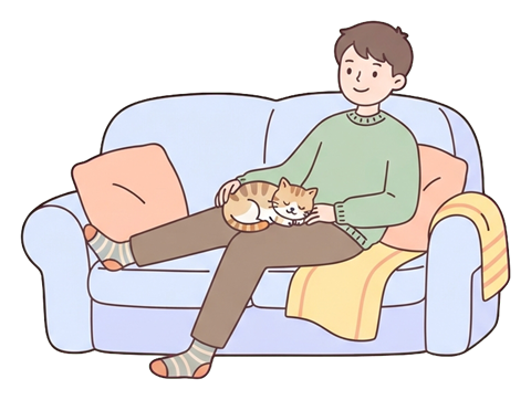 Simple cute flat cartoon illustration with soft pastel colors and thin clean dark outlines of a young man, person relaxing on a sofa with a cat on the lap, transparent background PNG