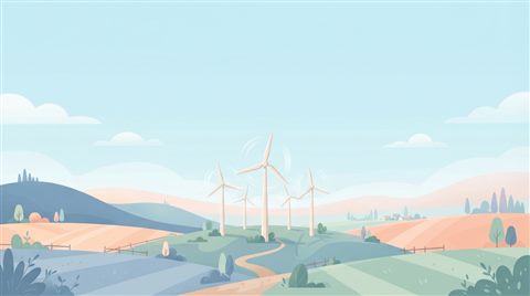 Minimal flat illustration of small wind turbine blades spinning under bright sunlight, wide shot with open space at the top for text, soft pastel colors, bright and cozy, 16:9 aspect ratio