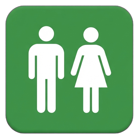 Pictogram sign, white figure on a solid green rounded square of a restroom pictogram with a man and a woman figure, transparent background PNG