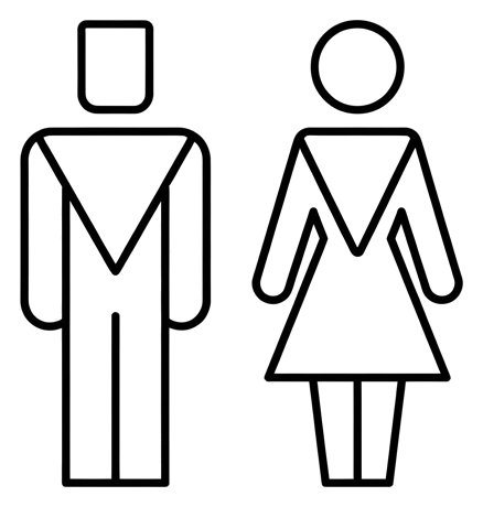 Thin line pictogram, black outline of a restroom pictogram with a man and a woman figure, transparent background PNG