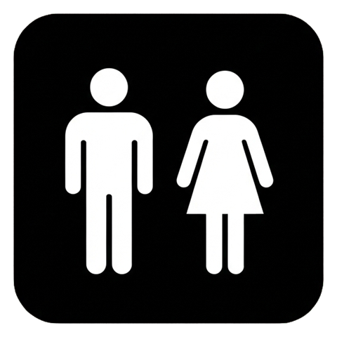 Pictogram sign, white figure on a solid black rounded square of a restroom pictogram with a man and a woman figure, transparent background PNG