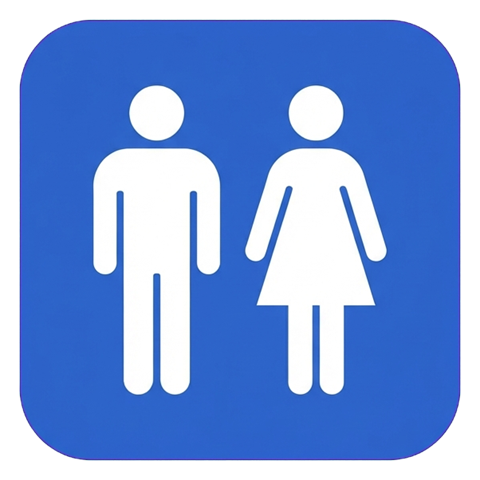 Pictogram sign, white figure on a solid blue rounded square of a restroom pictogram with a man and a woman figure, transparent background PNG
