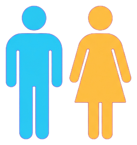 Flat color pictogram, friendly bright colors of a restroom pictogram with a man and a woman figure, transparent background PNG