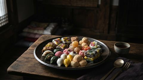 접시에 담긴 알록달록한 떡, 사실적인 사진, 위쪽에 글자 넣을 여백이 있는 넓은 구도, 어두운 톤, 극적인 조명, 16:9 비율