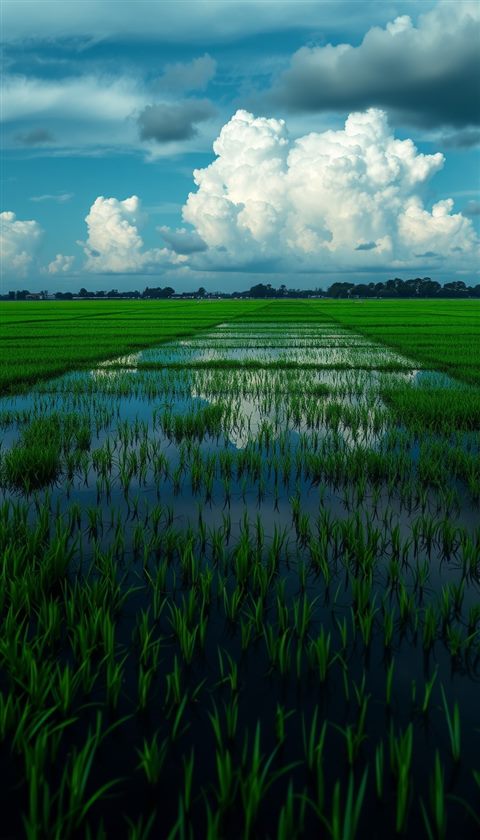 Photorealistic photo of Flooded green rice paddies mirroring the blue sky and fluffy white clouds, close-up detail with shallow depth of field, moody dark tones, dramatic lighting, 9:16 aspect ratio