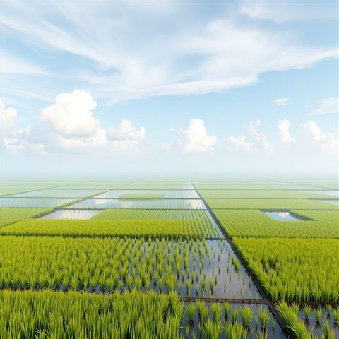 Soft 3D render of Flooded green rice paddies mirroring the blue sky and fluffy white clouds, wide shot with open space at the top for text, misty morning haze, dreamy, 1:1 aspect ratio