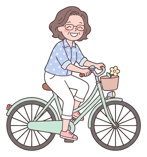 Simple cute flat cartoon illustration with soft pastel colors and thin clean dark outlines of a middle-aged woman, person riding a bicycle happily, transparent background PNG