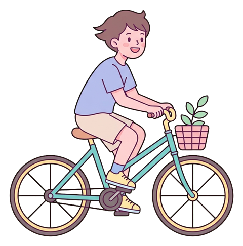 Simple cute flat cartoon illustration with soft pastel colors and thin clean dark outlines of a young man, person riding a bicycle happily, transparent background PNG