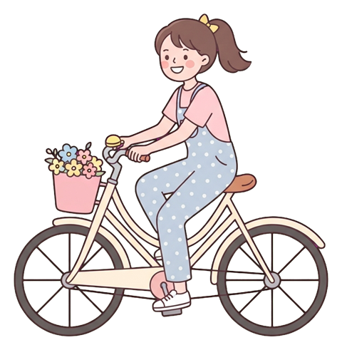 Simple cute flat cartoon illustration with soft pastel colors and thin clean dark outlines of a young woman, person riding a bicycle happily, transparent background PNG
