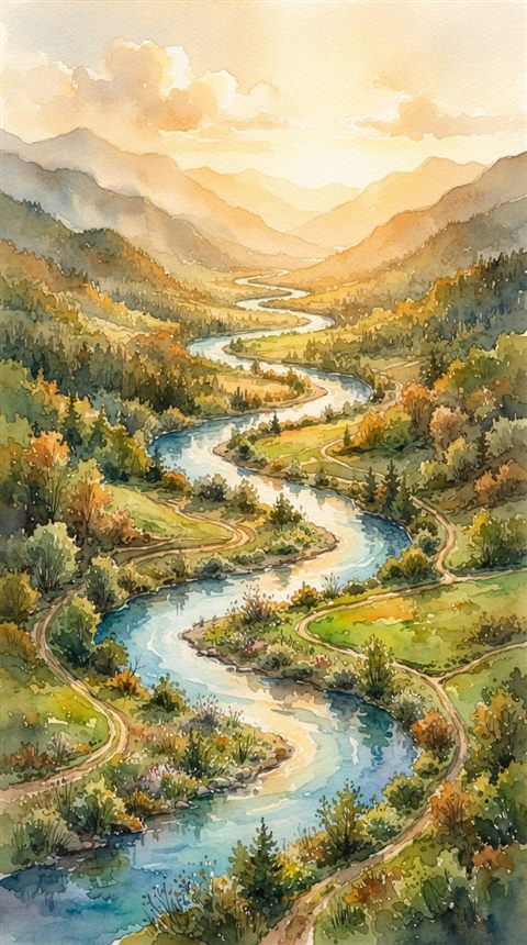 Watercolor illustration of winding river through a valley, high-angle view from above, warm golden light, calm mood, 9:16 aspect ratio