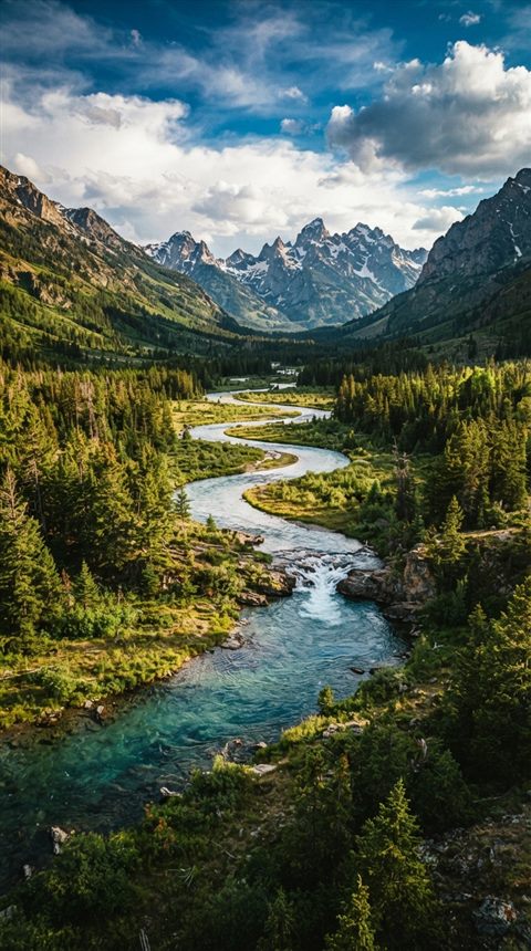 Cinematic film still of winding river through a valley, centered subject with a simple uncluttered composition, vivid colors, high contrast, energetic, 9:16 aspect ratio
