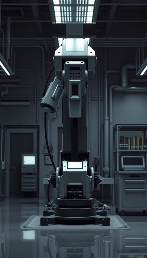 Photorealistic photo of An advanced industrial robotic arm precision-working in a clean, futuristic laboratory, centered subject with a simple uncluttered composition, moody dark tones, dramatic lighting, 9:16 aspect ratio