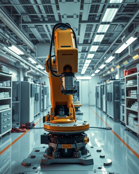 Cinematic film still of An advanced industrial robotic arm precision-working in a clean, futuristic laboratory, wide shot with open space at the top for text, vivid colors, high contrast, energetic, 4:5 aspect ratio