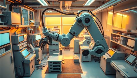 Photorealistic photo of An advanced industrial robotic arm precision-working in a clean, futuristic laboratory, high-angle view from above, warm golden light, calm mood, 16:9 aspect ratio