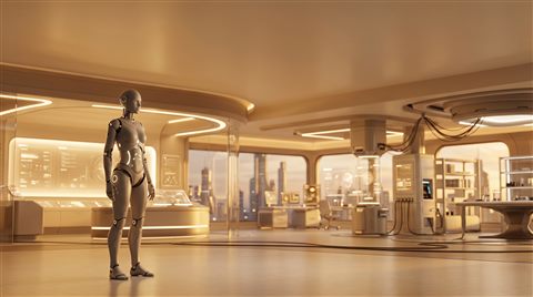 Soft 3d render of humanoid robot in a futuristic lab, wide shot with open space at the top for text, warm golden light, calm mood, 16:9 aspect ratio