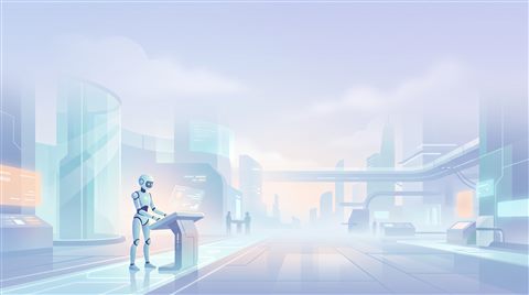 Minimal flat illustration of humanoid robot in a futuristic lab, wide shot with open space at the top for text, misty morning haze, dreamy, 16:9 aspect ratio