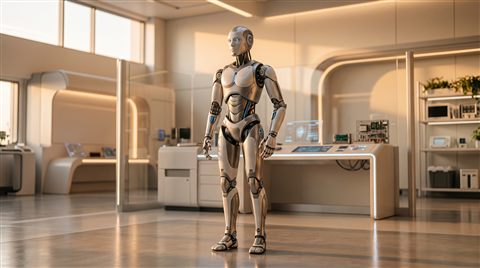Photorealistic photo of humanoid robot in a futuristic lab, centered subject with a simple uncluttered composition, warm golden light, calm mood, 16:9 aspect ratio