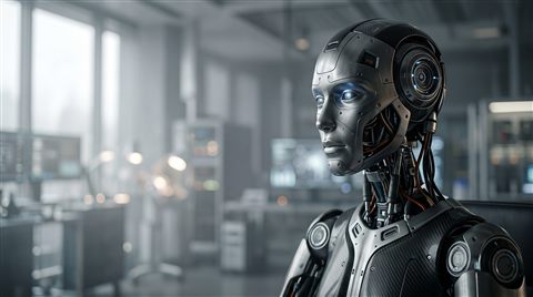 Cinematic film still of humanoid robot in a futuristic lab, close-up detail with shallow depth of field, misty morning haze, dreamy, 16:9 aspect ratio