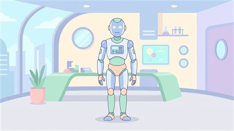 Minimal flat illustration of humanoid robot in a futuristic lab, centered subject with a simple uncluttered composition, soft pastel colors, bright and cozy, 16:9 aspect ratio