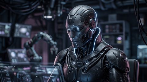 Soft 3d render of humanoid robot in a futuristic lab, close-up detail with shallow depth of field, moody dark tones, dramatic lighting, 16:9 aspect ratio