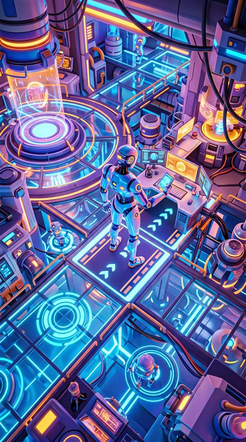 Soft 3d render of humanoid robot in a futuristic lab, high-angle view from above, vivid colors, high contrast, energetic, 9:16 aspect ratio