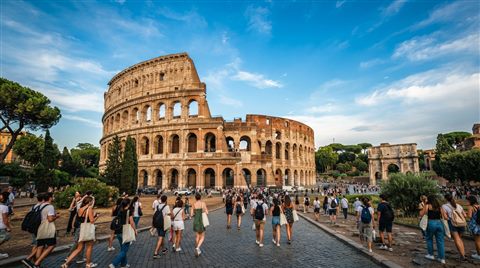 Photorealistic photo of the Colosseum in Rome, wide shot with open space at the top for text, vivid colors, high contrast, energetic, 16:9 aspect ratio