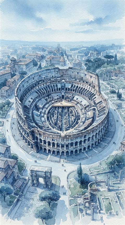 Watercolor illustration of the Colosseum in Rome, high-angle view from above, cool blue tones, quiet atmosphere, 9:16 aspect ratio