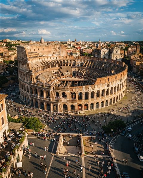 Cinematic film still of the Colosseum in Rome, high-angle view from above, vivid colors, high contrast, energetic, 4:5 aspect ratio