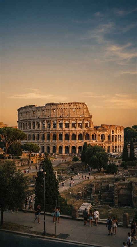 Cinematic film still of the Colosseum in Rome, wide shot with open space at the top for text, warm golden light, calm mood, 9:16 aspect ratio