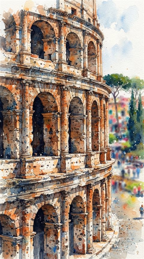 Watercolor illustration of the Colosseum in Rome, close-up detail with shallow depth of field, vivid colors, high contrast, energetic, 9:16 aspect ratio